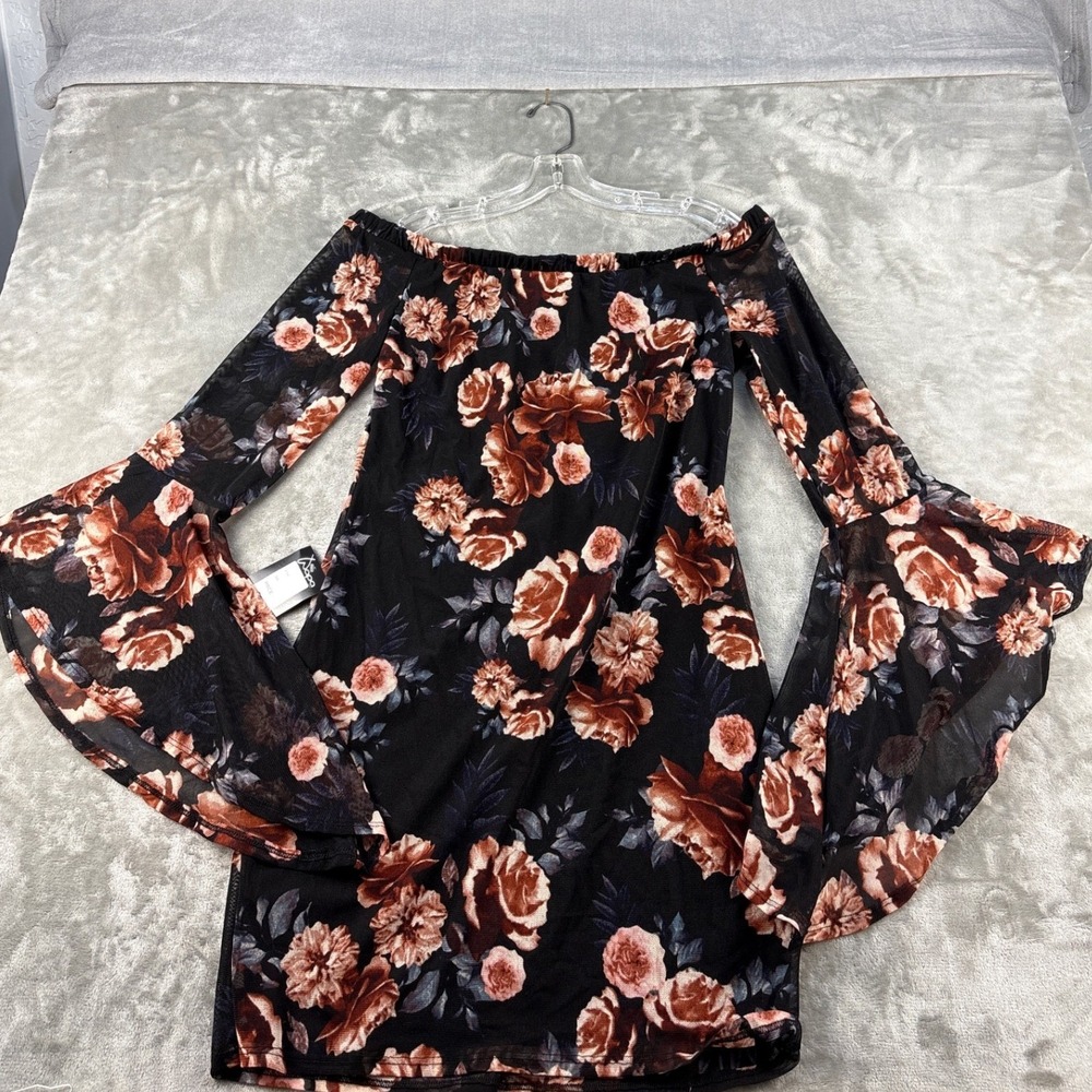 Adora Dress Womens XL Black Floral Bell Sleeve Mesh NEW